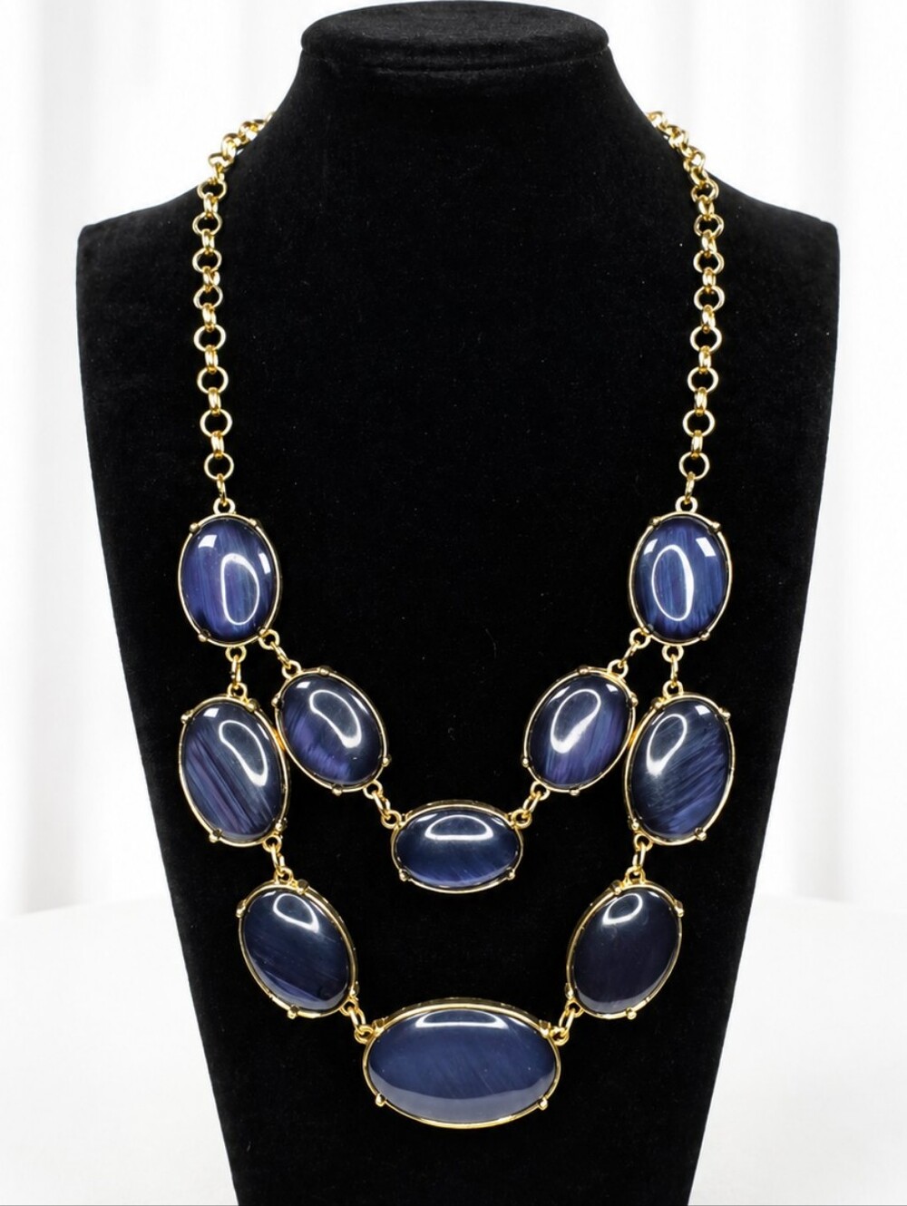 Blue Marbled Statement Necklace Gold Tone Double Strand Oval Cabochon Bib Piece